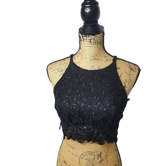 Women's Black Lace Sequin Halter Sz 5 Glamcore Top Floral Hem Festival Y2K - Picture 1 of 8